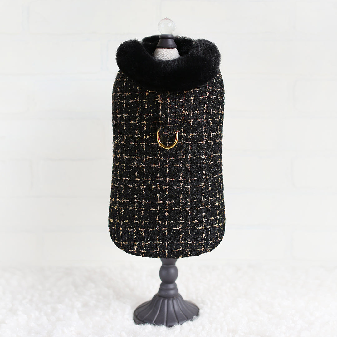 Chantel Tweed Dog Coat: Luxurious Warm Faux Fur Lined Adjustable Pet Apparel