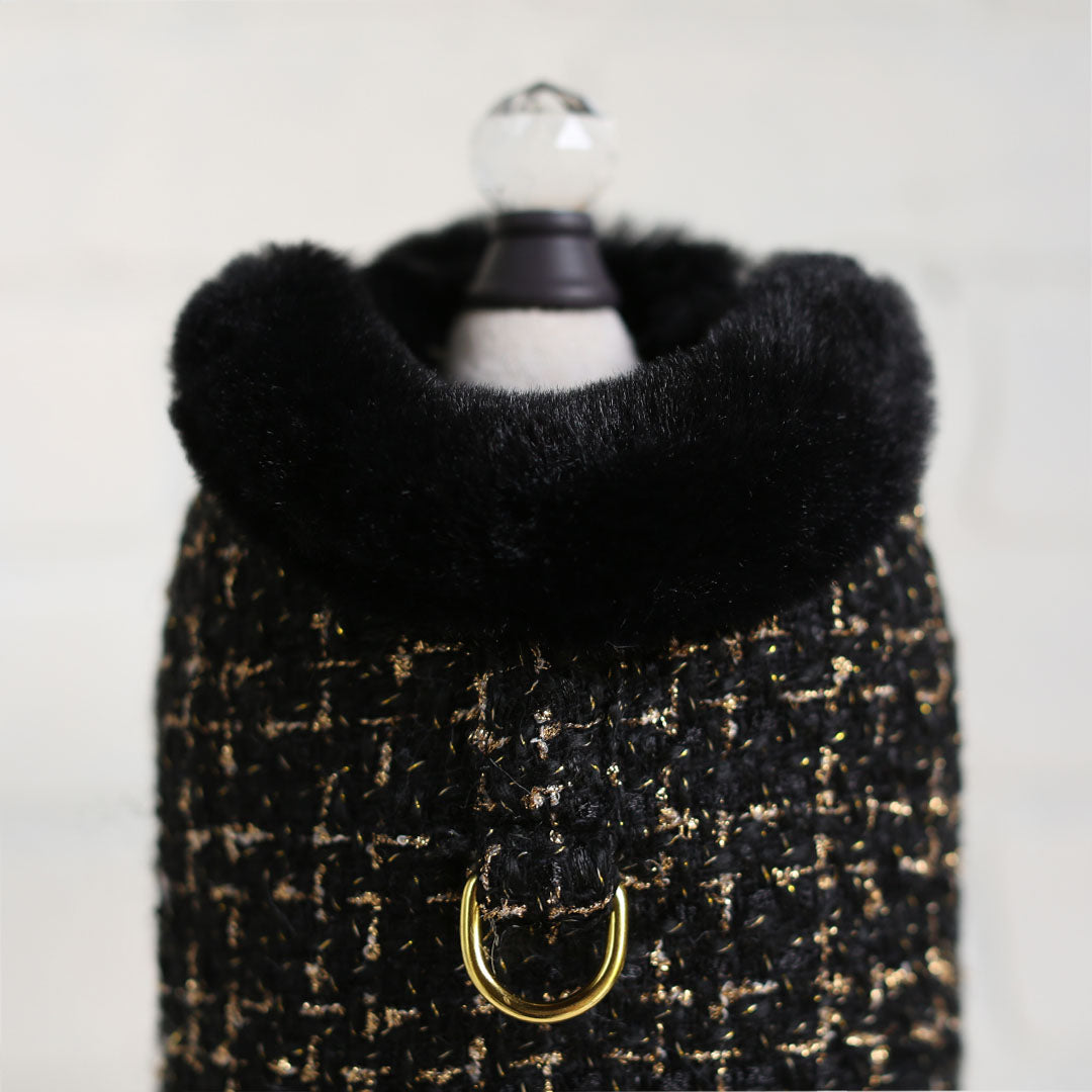 Chantel Tweed Dog Coat: Luxurious Warm Faux Fur Lined Adjustable Pet Apparel