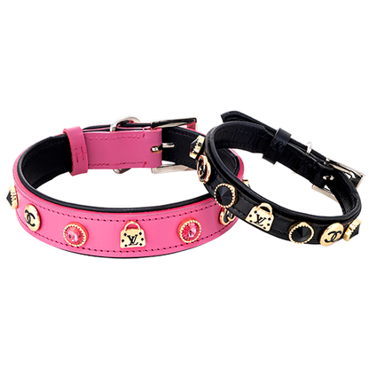 Fashionable Leather Dog & Cat Collar, Interchangeable Charms, Crystal Studs