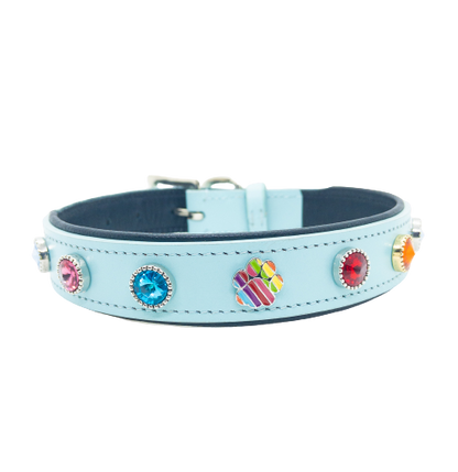 Vibrant Aqua Genuine Leather Dog Collar with Rainbow Paw Studs for Pride