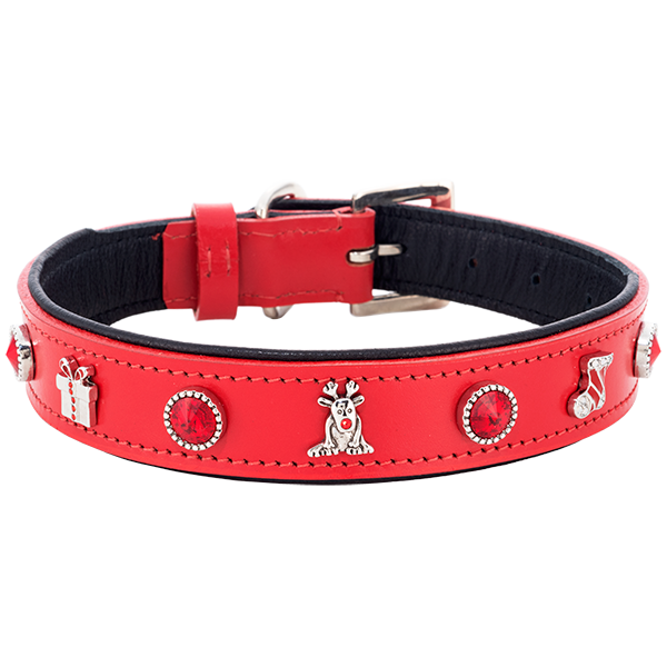 Premium Leather Pet Christmas Holiday Collar with Interchangeable Charms & Studs