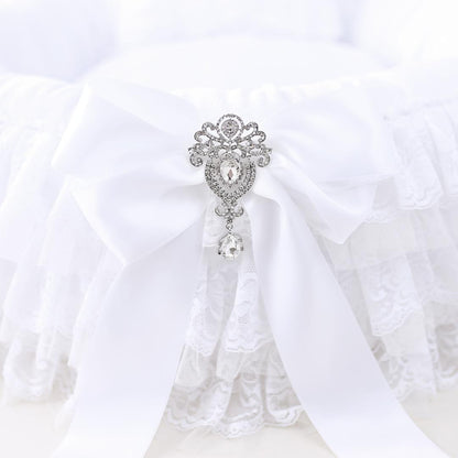 Elegant White Dog Bed: Luxury Microsuede, Lace, Bows, Removable Washable Pillow