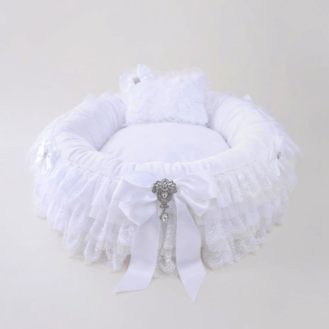 Elegant White Dog Bed: Luxury Microsuede, Lace, Bows, Removable Washable Pillow