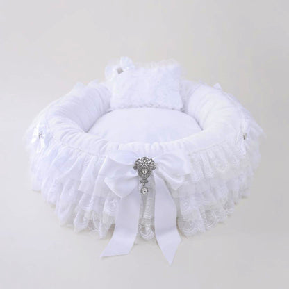 Elegant White Dog Bed: Luxury Microsuede, Lace, Bows, Removable Washable Pillow