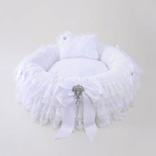 Elegant White Dog Bed: Luxury Microsuede, Lace, Bows, Removable Washable Pillow
