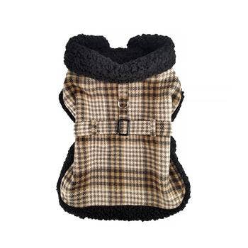Sherpa-Lined Dog Harness Coat - Brown & White Plaid