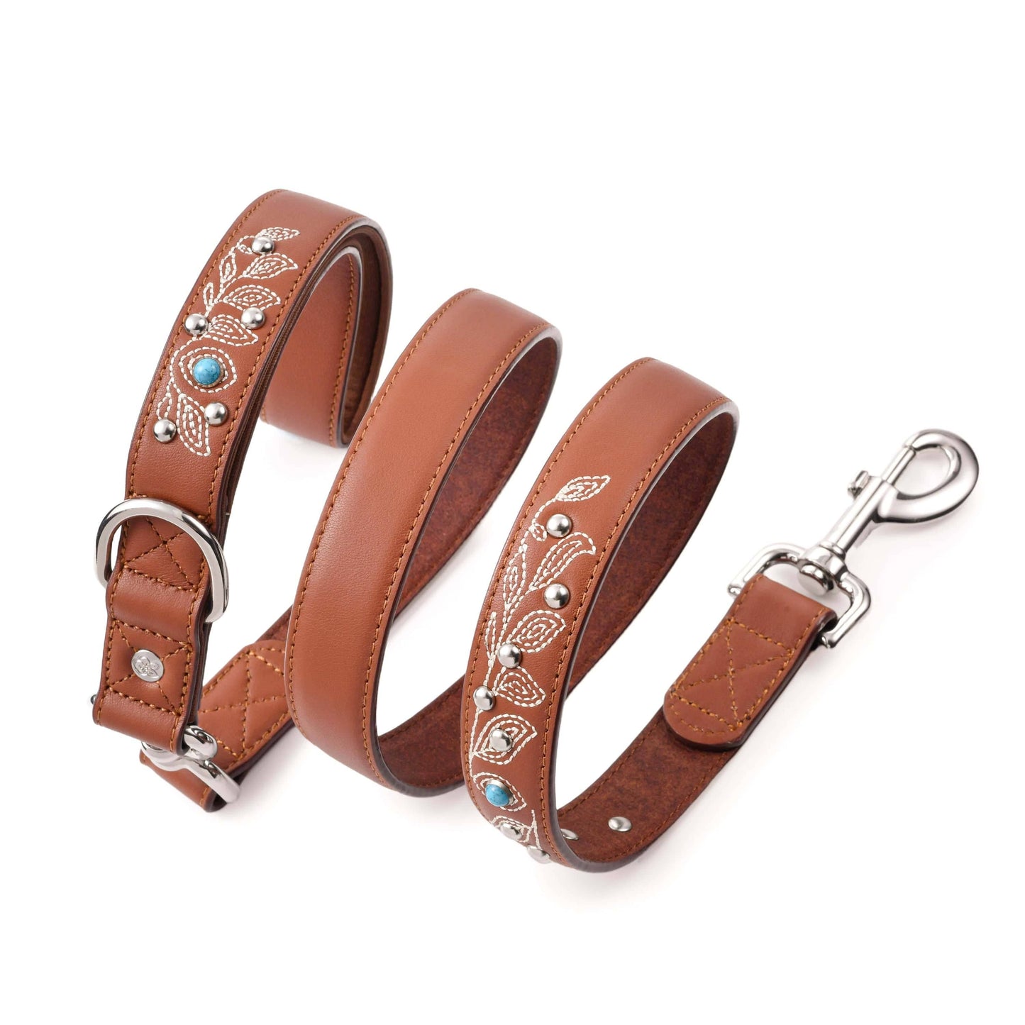 Tan/Brown Leather Western Leash with Embroidery and Turquoise Studs