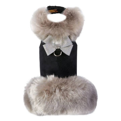 Shimmering Platinum Glitzerati Nouveau Bow Dog Coat - Faux Fur Lined Ultrasuede