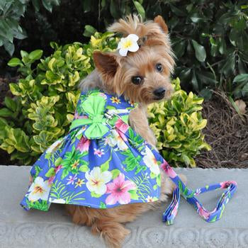 Tropical Blue Lagoon Hawaiian Hibiscus Dog Dress with Matching Leash for Pets