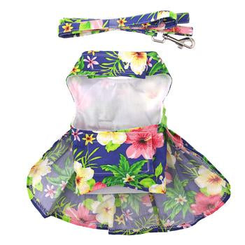 Tropical Blue Lagoon Hawaiian Hibiscus Dog Dress with Matching Leash for Pets