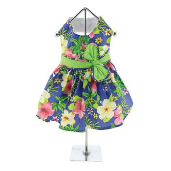 Tropical Blue Lagoon Hawaiian Hibiscus Dog Dress with Matching Leash for Pets