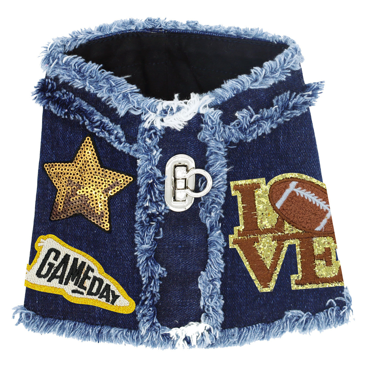 Sporty Distressed Denim Dog Harness Vest, Lycra Comfort, Football Patches, Blue Pink Styles