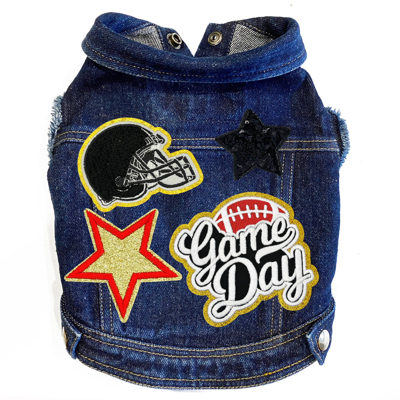Stylish Game Day Denim Dog Jacket with Patches & Lycra Comfort