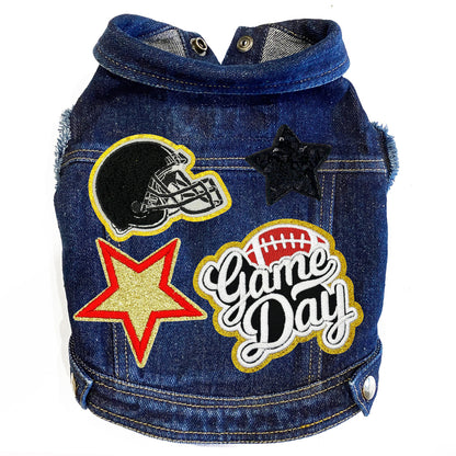 Stylish Game Day Denim Dog Jacket with Patches & Lycra Comfort