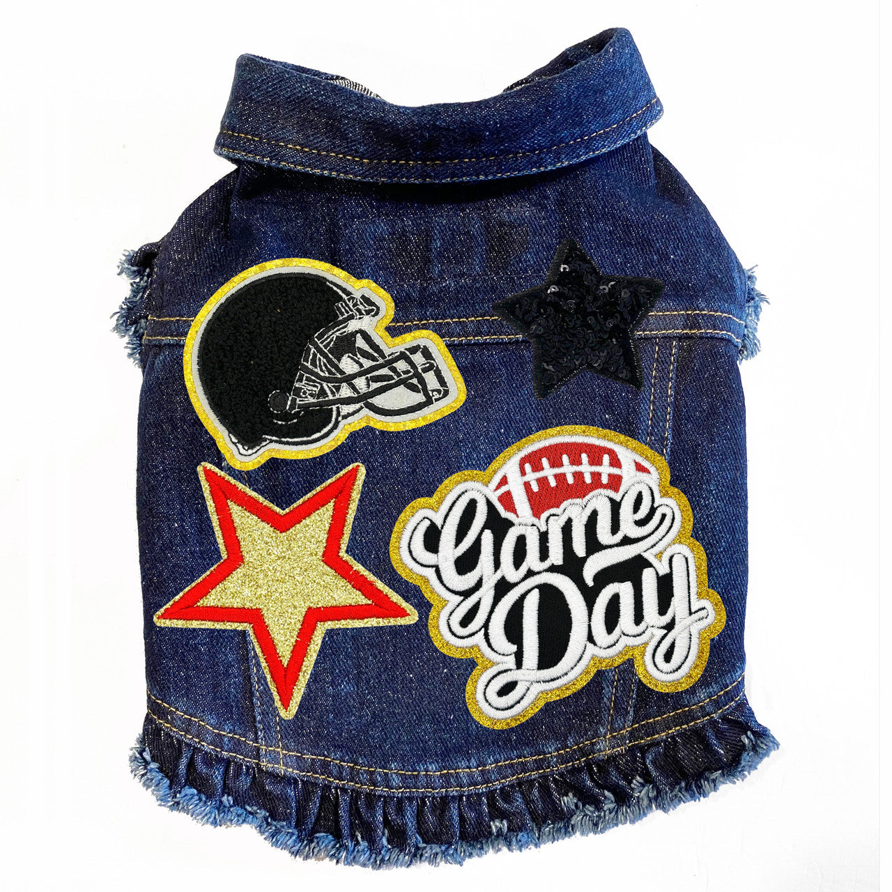 Stylish Game Day Denim Dog Jacket with Patches & Lycra Comfort