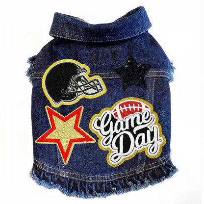 Stylish Game Day Denim Dog Jacket with Patches & Lycra Comfort