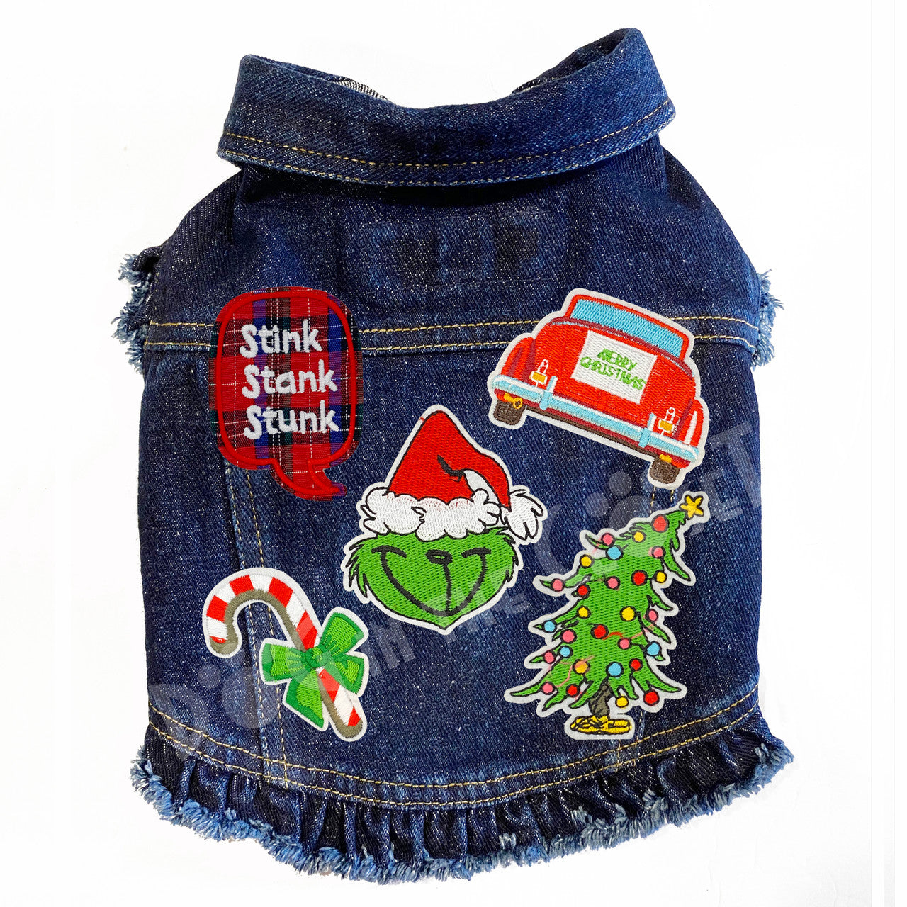 Merry Grinchmas Festive Denim Dog Jacket with Patches and Ruffles