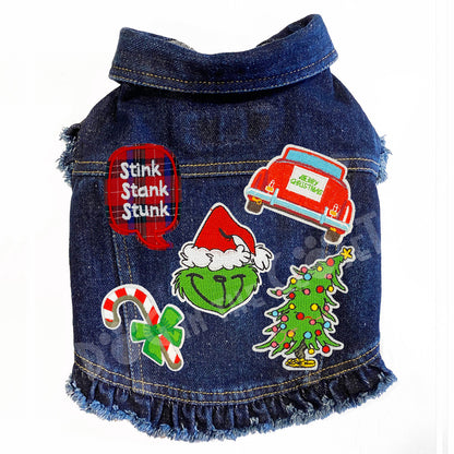Merry Grinchmas Festive Denim Dog Jacket with Patches and Ruffles
