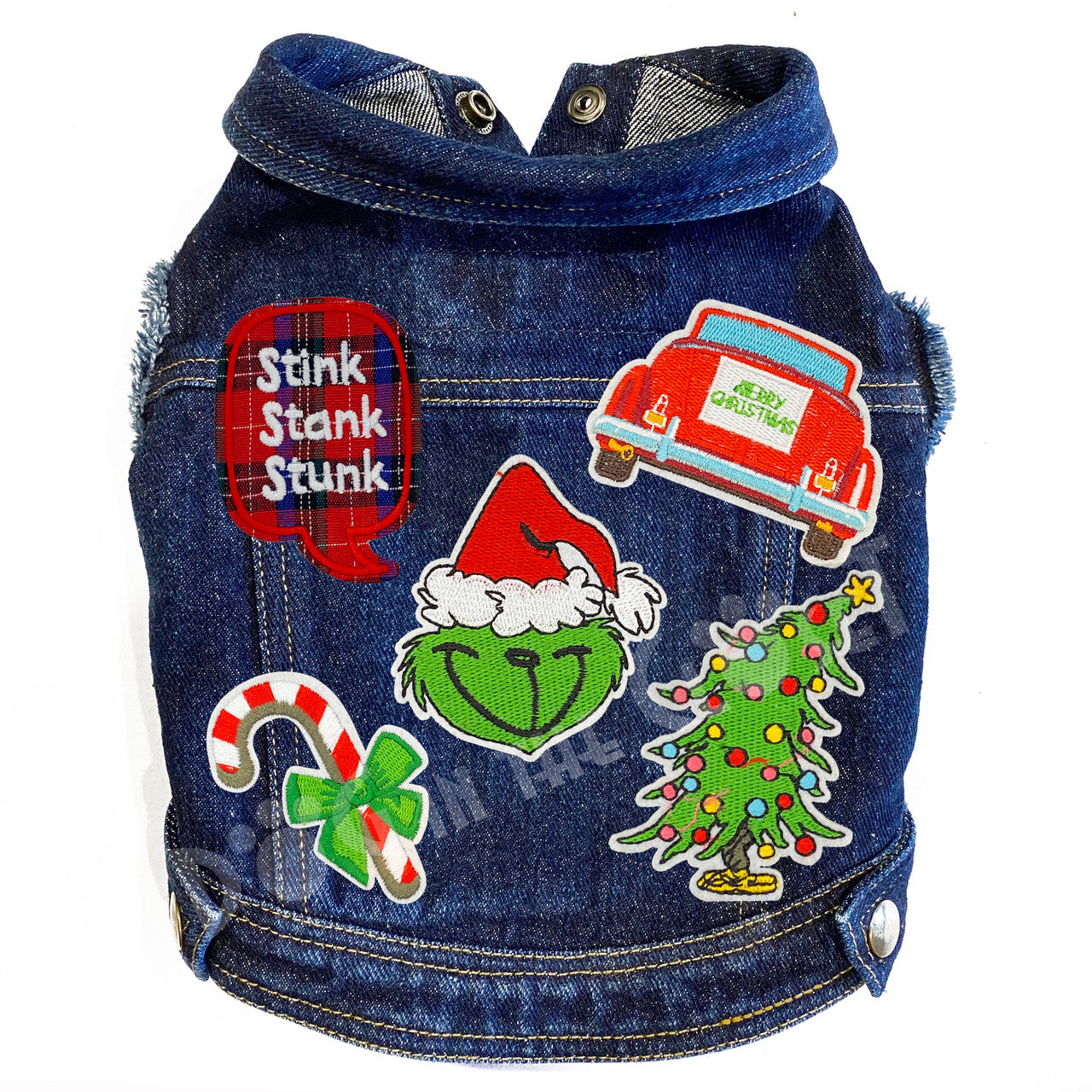 Merry Grinchmas Festive Denim Dog Jacket with Patches and Ruffles