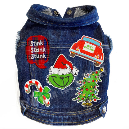 Merry Grinchmas Festive Denim Dog Jacket with Patches and Ruffles