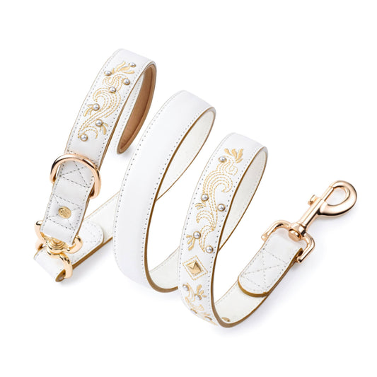 White  Leather Leash Western Style with Embroidery and Pearl Studs