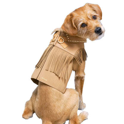 Tan Fringed Harness Jacket Western Style Silver-Powered Freshness Microfiber Suede