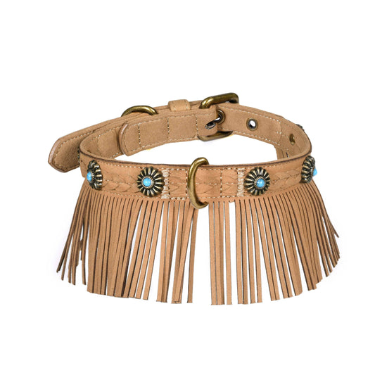 Tan Fringed collar Western Style Silver-Powered Freshness Microfiber Suede Dog Collar – Fringed Style with Turquoise Studs