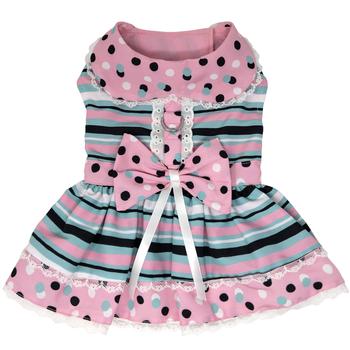 Adorable Pink Teal Dots Stripes Dog Harness Dress with Leash D-Ring