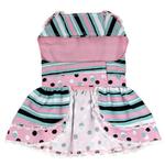 Adorable Pink Teal Dots Stripes Dog Harness Dress with Leash D-Ring