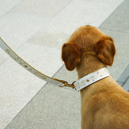 White  Leather Leash Western Style with Embroidery and Pearl Studs