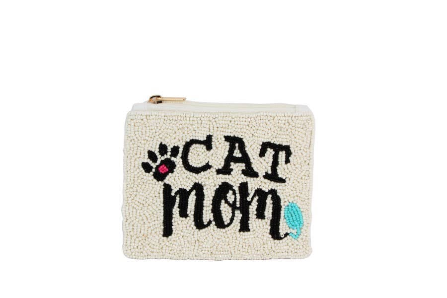 Cat Mom Coin Purse Fully Beaded  - White
