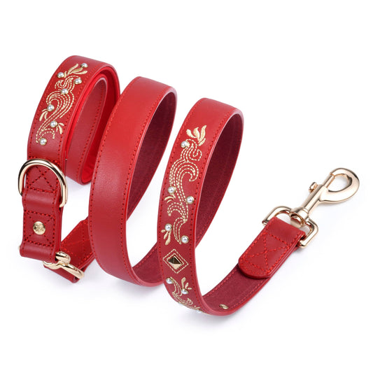 Red Leather Leash Western Style with Embroidery with Pearl Studs