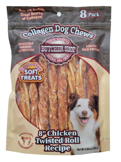 Butcher Shop Collagen Dog Chews 8" Chicken Twisted Roll 8-Pk