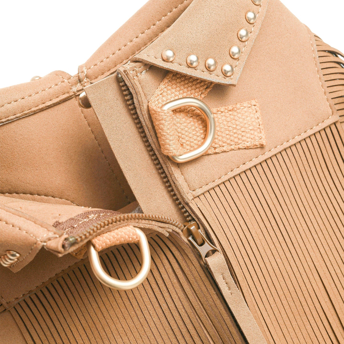 Tan Fringed Harness Jacket Western Style Silver-Powered Freshness Microfiber Suede