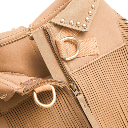 Tan Fringed Harness Jacket Western Style Silver-Powered Freshness Microfiber Suede