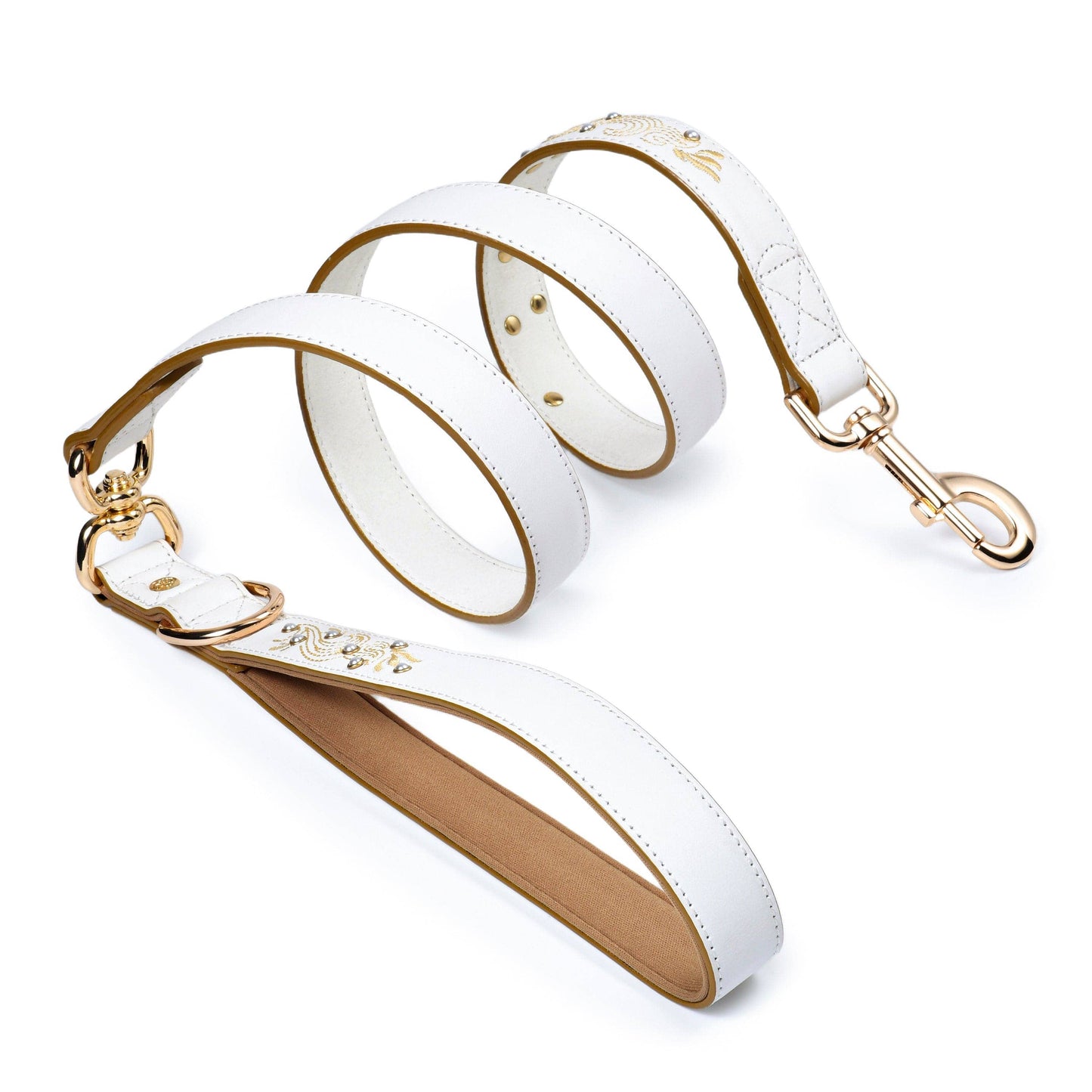 White  Leather Leash Western Style with Embroidery and Pearl Studs