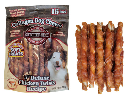 Butcher Shop Collagen Dog Chews 5" Delx Chicken Twists 16-Pk