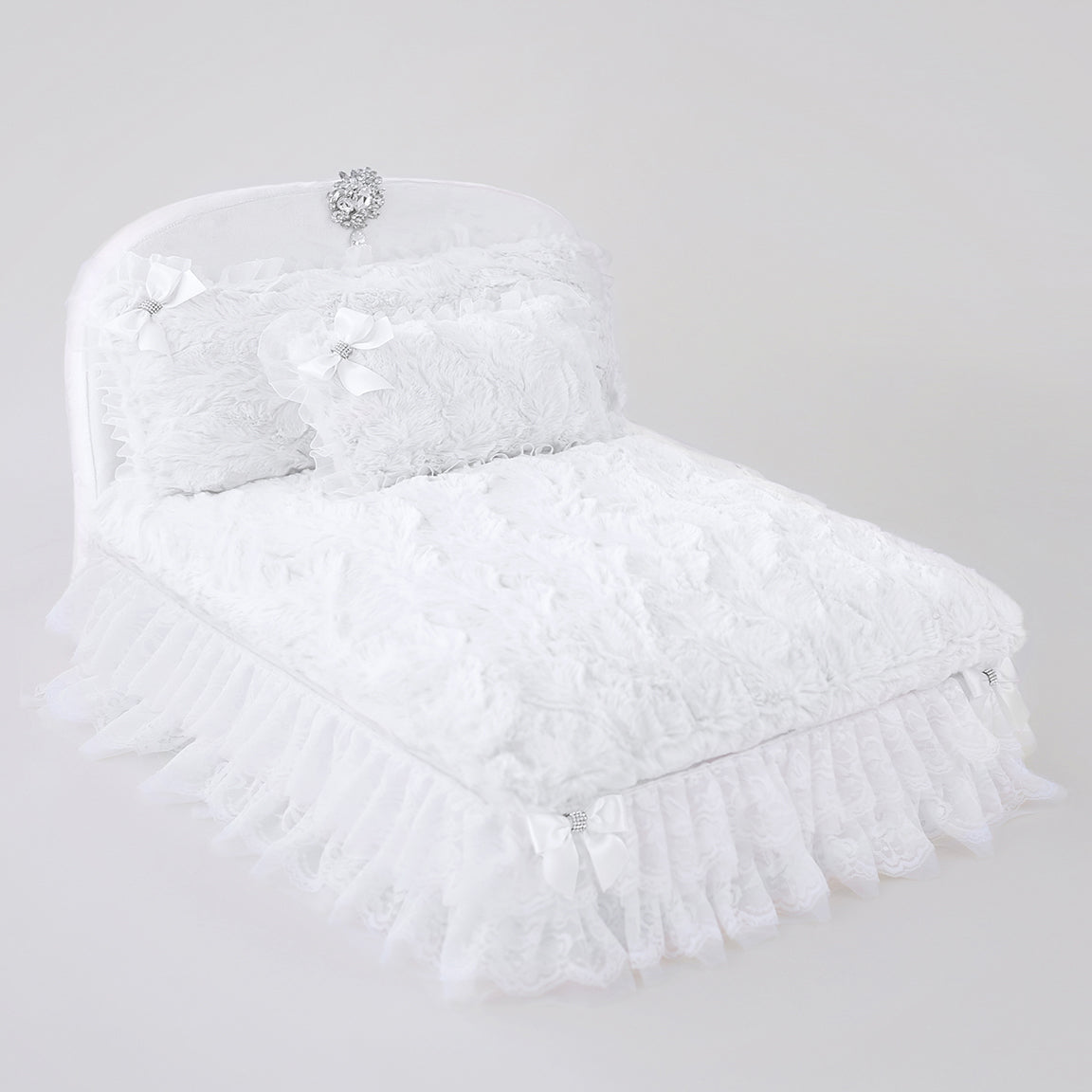 Luxury Enchanted Nights Dog Bed: Removable Pillow, Lace, Crystal, Satin Bows