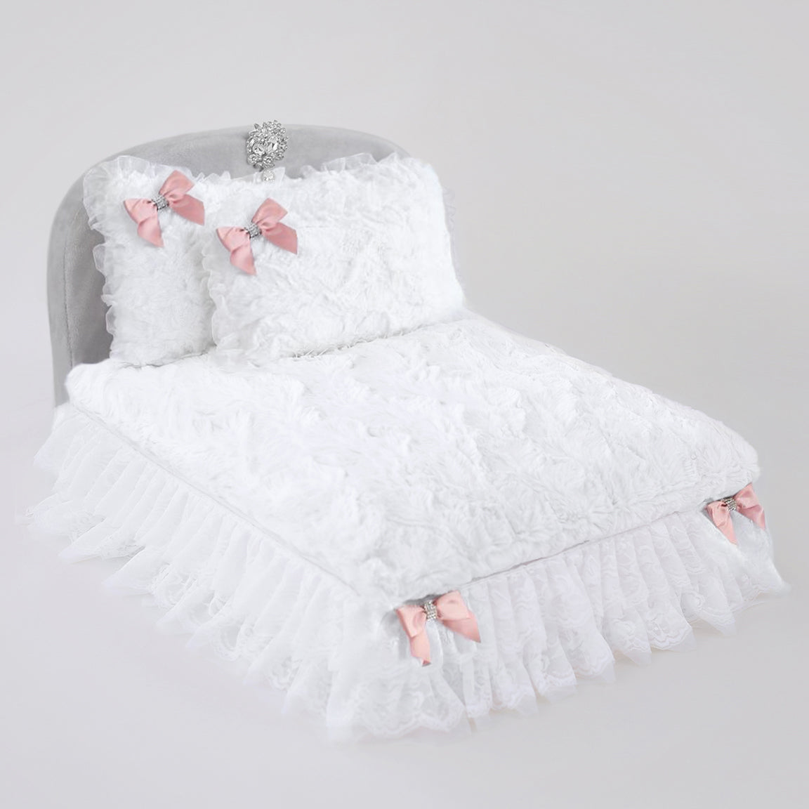 Luxury Enchanted Nights Dog Bed: Removable Pillow, Lace, Crystal, Satin Bows
