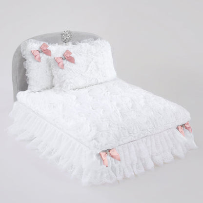 Luxury Enchanted Nights Dog Bed: Removable Pillow, Lace, Crystal, Satin Bows