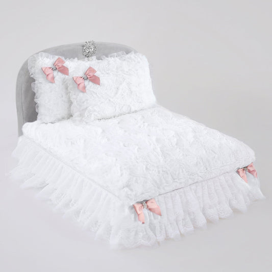 Luxury Enchanted Nights Dog Bed: Removable Pillow, Lace, Crystal, Satin Bows