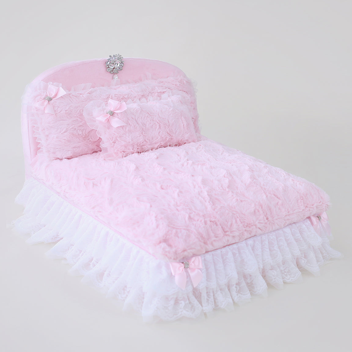 Luxury Enchanted Nights Dog Bed: Removable Pillow, Lace, Crystal, Satin Bows