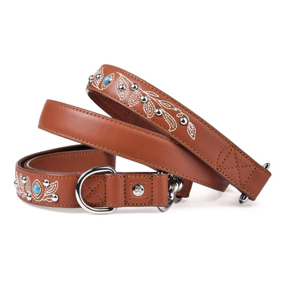 Tan/Brown Leather Western Leash with Embroidery and Turquoise Studs