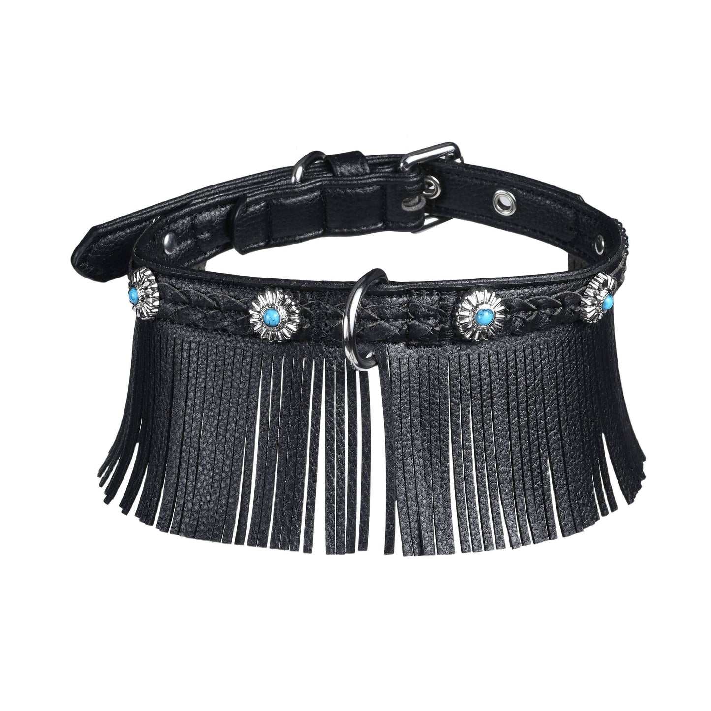Tan Fringed collar Western Style Silver-Powered Freshness Microfiber Suede Dog Collar – Fringed Style with Turquoise Studs