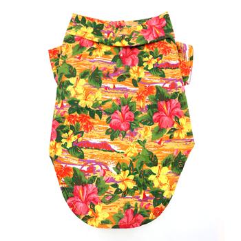 Vibrant Hawaiian Dog Camp Shirt: Sunset Hibiscus, Leash Hole SALE 50% OFF