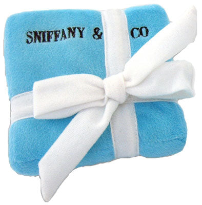 Luxury Designer Blue Box Dog Toy with Squeaker, Plush Fetch Chew Playtime