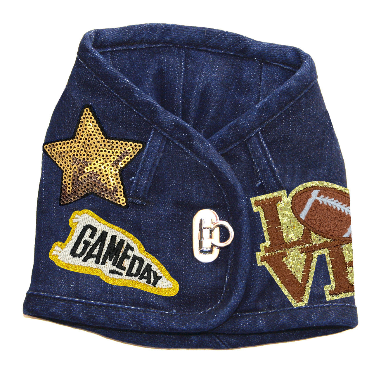 Sporty Distressed Denim Dog Harness Vest, Lycra Comfort, Football Patches, Blue Pink Styles