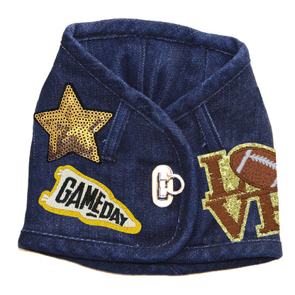 Sporty Distressed Denim Dog Harness Vest, Lycra Comfort, Football Patches, Blue Pink Styles