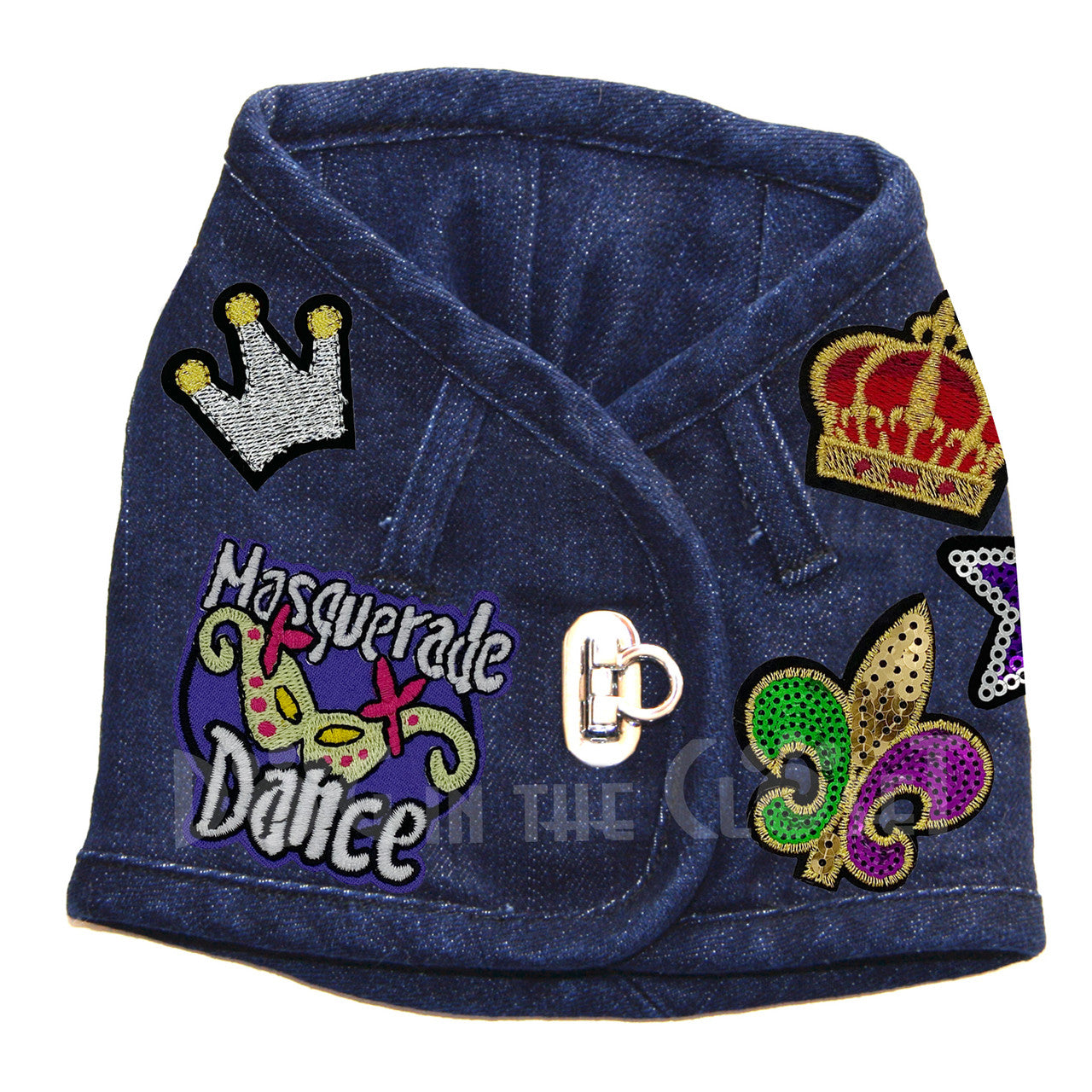 Mardi Gras Hand-Distressed Denim Dog Harness Vest: Frayed, Patched, Comfortable