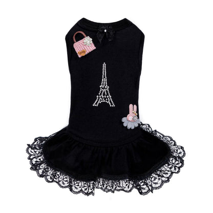Elegant Paris Dog Dress: 100% Cotton, Eiffel Tower, Crochet Purse Accessory